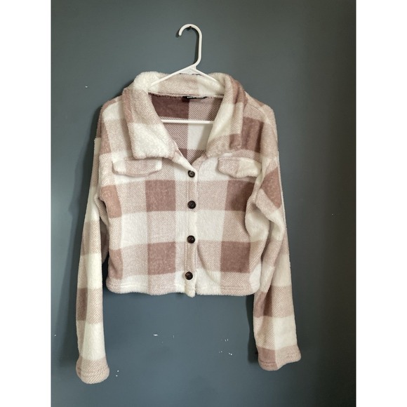 SHEIN Plaid Fuzzy Cropped Jacket Shirt Womens XS Brown White Button Up - Picture 4 of 7